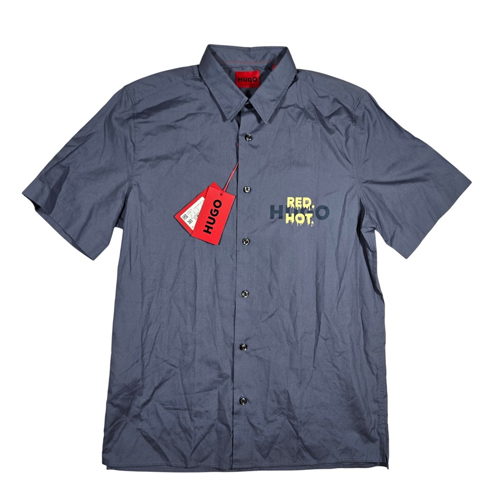 HUGO Boss Ebor Gray Red Hot Graphic Short Sleeve Button Down Shirt Mens Small